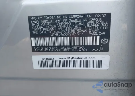 2007 Lexus Es 350 z USA, uszkodzony, nr VIN JTHBJ46G072105927